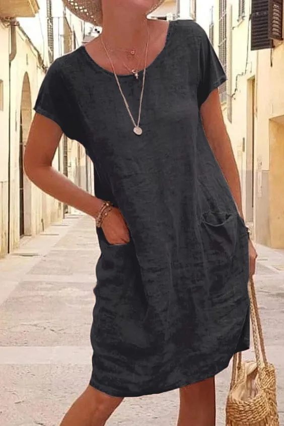 Women Summer Loose Pocket Short Sleeve Round Neck Linen Dress