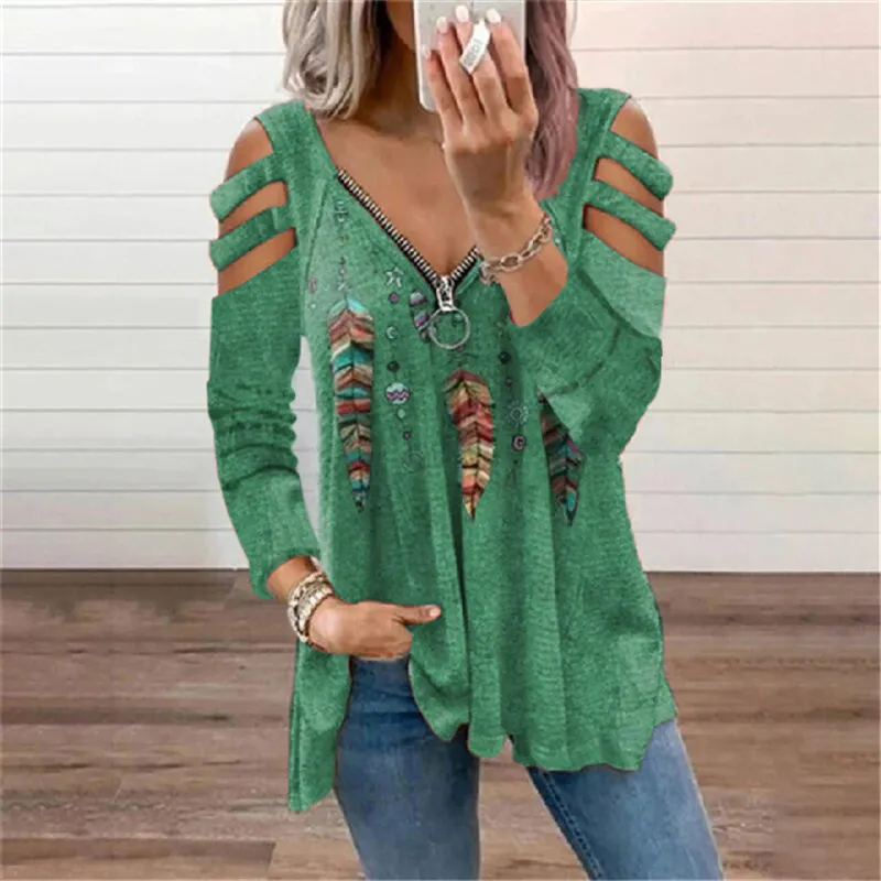 Casual Feather Print Cutout Long Sleeve T-Shirt