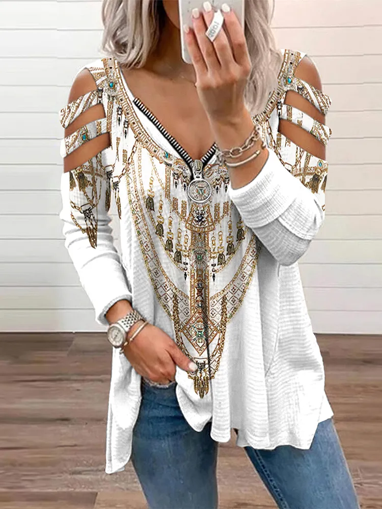 Women's Tribal Printed Hollow Out Zipper Casual T-Shirt