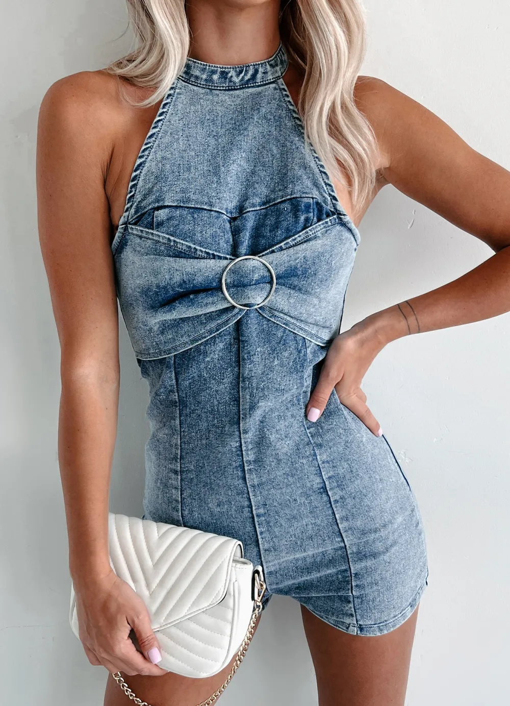 Save My Number Denim Halter Romper