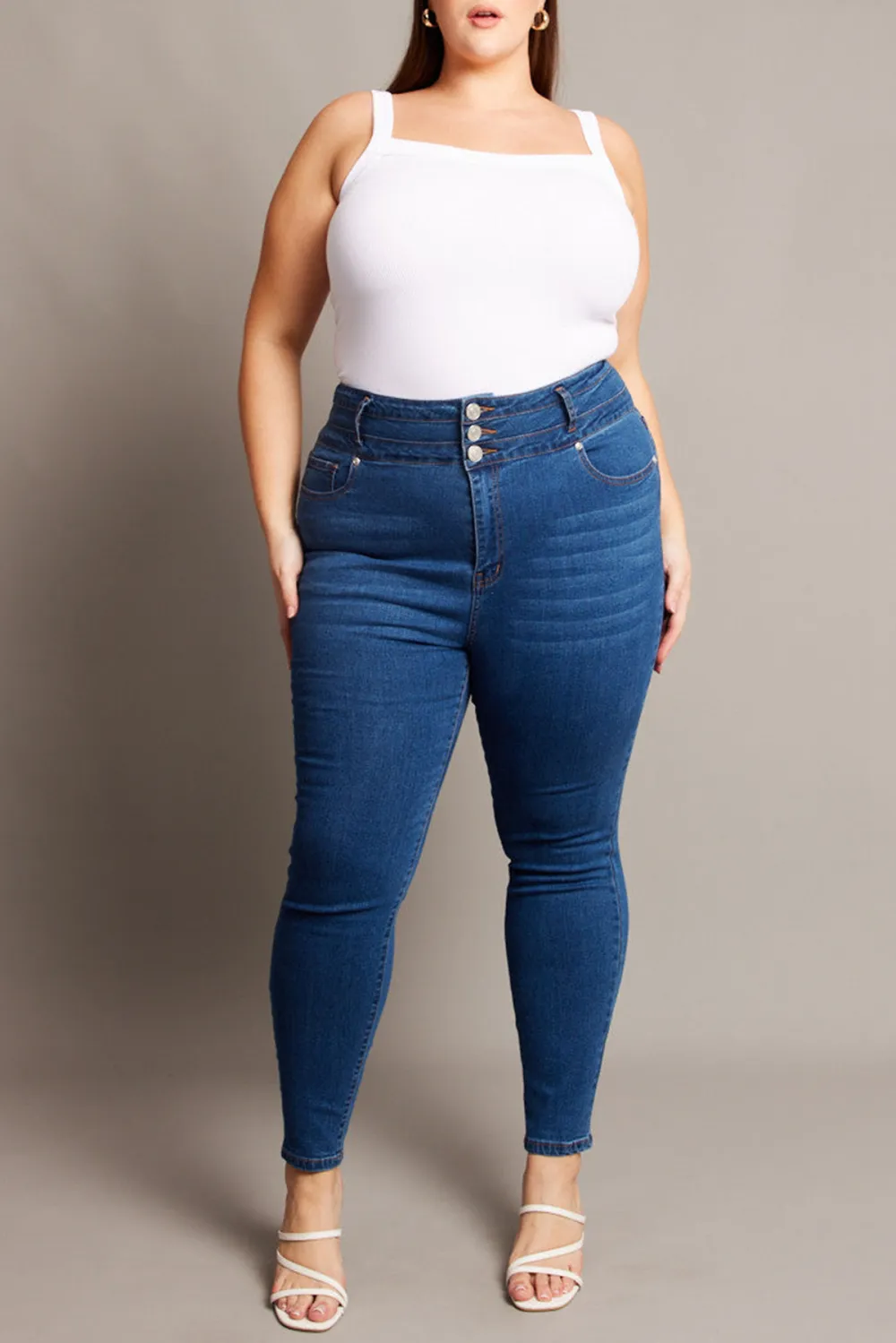 Denim Skinny Jeans High Rise Button Front