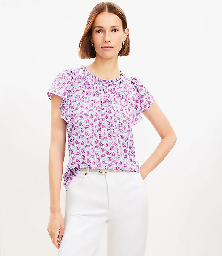 Paisley Dot Mixed Media Ruffle Top