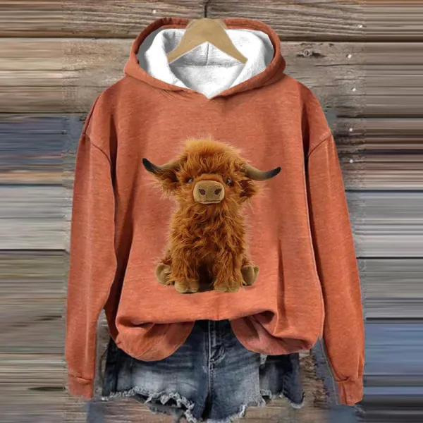 Women's Felt Highland Cow Print Vintage Hoodie