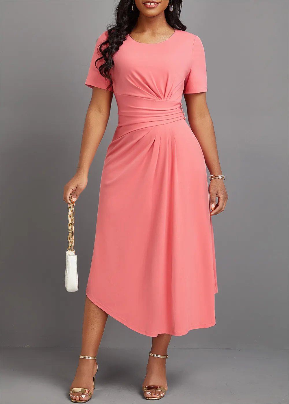 Asymmetry Pink Short Sleeve Round Neck Dress