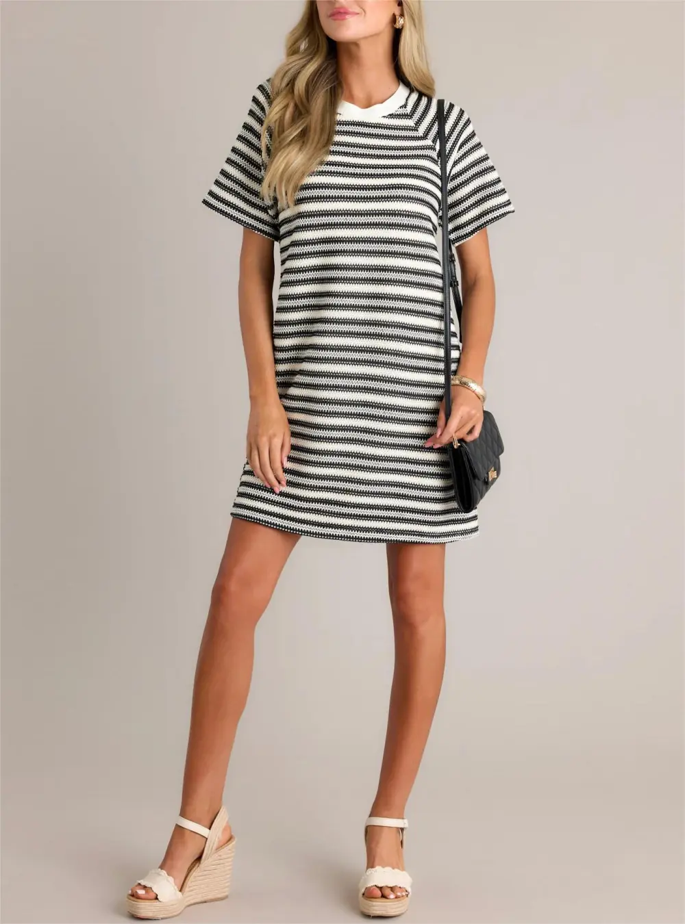 CLASSIC COMFORT BLACK STRIPE KNIT MINI DRESS