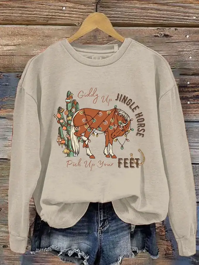 Women's Giddy Up Jingle Horse Pick Up Your Feet Printed Sweatshirt