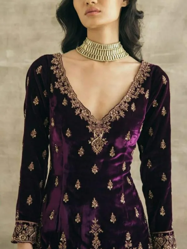 V-neck embroidered purple velvet suit