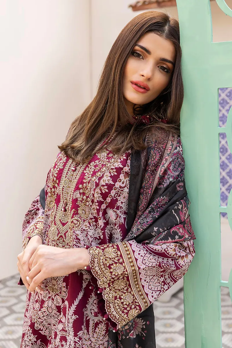 3 Piece Kurta Embroidered | Dupatta& Bottom & Tops | Color Claret