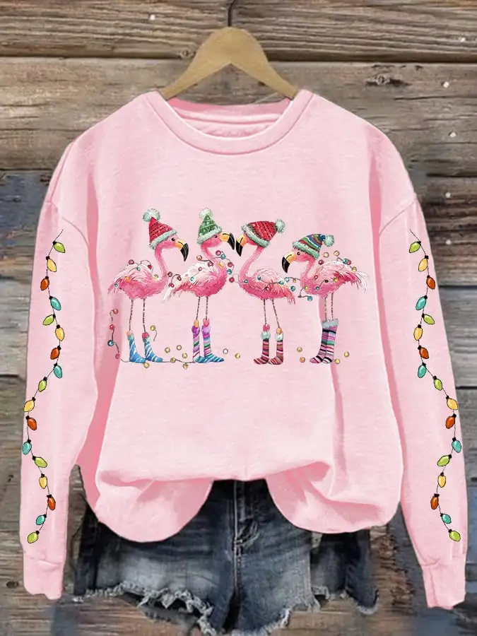 Women's Christmas Flamingo Print Crewneck Sweatshirt