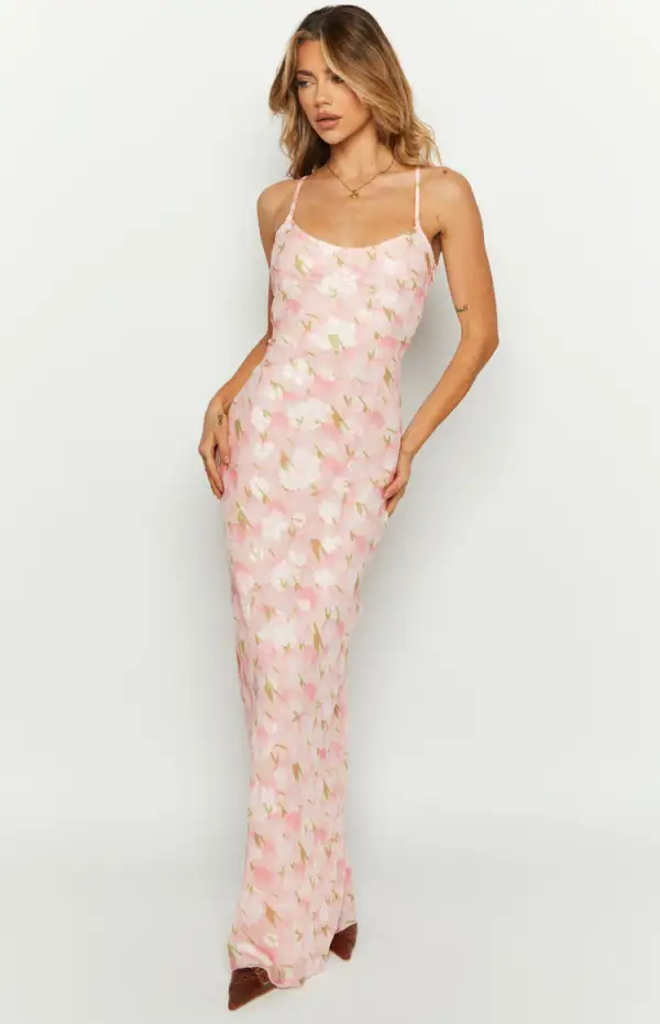 Renesmee Pink Floral Chiffon Maxi Dress