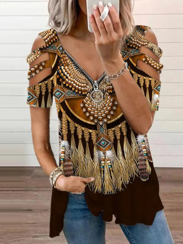 Vintage Western Print Cutout Sleeve Casual T-Shirt