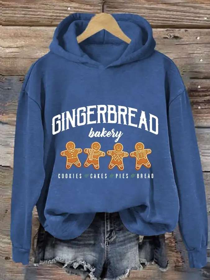 Women's Gingerbread Bakery Cookies Cakes Pies Bread Print Casual Hooded