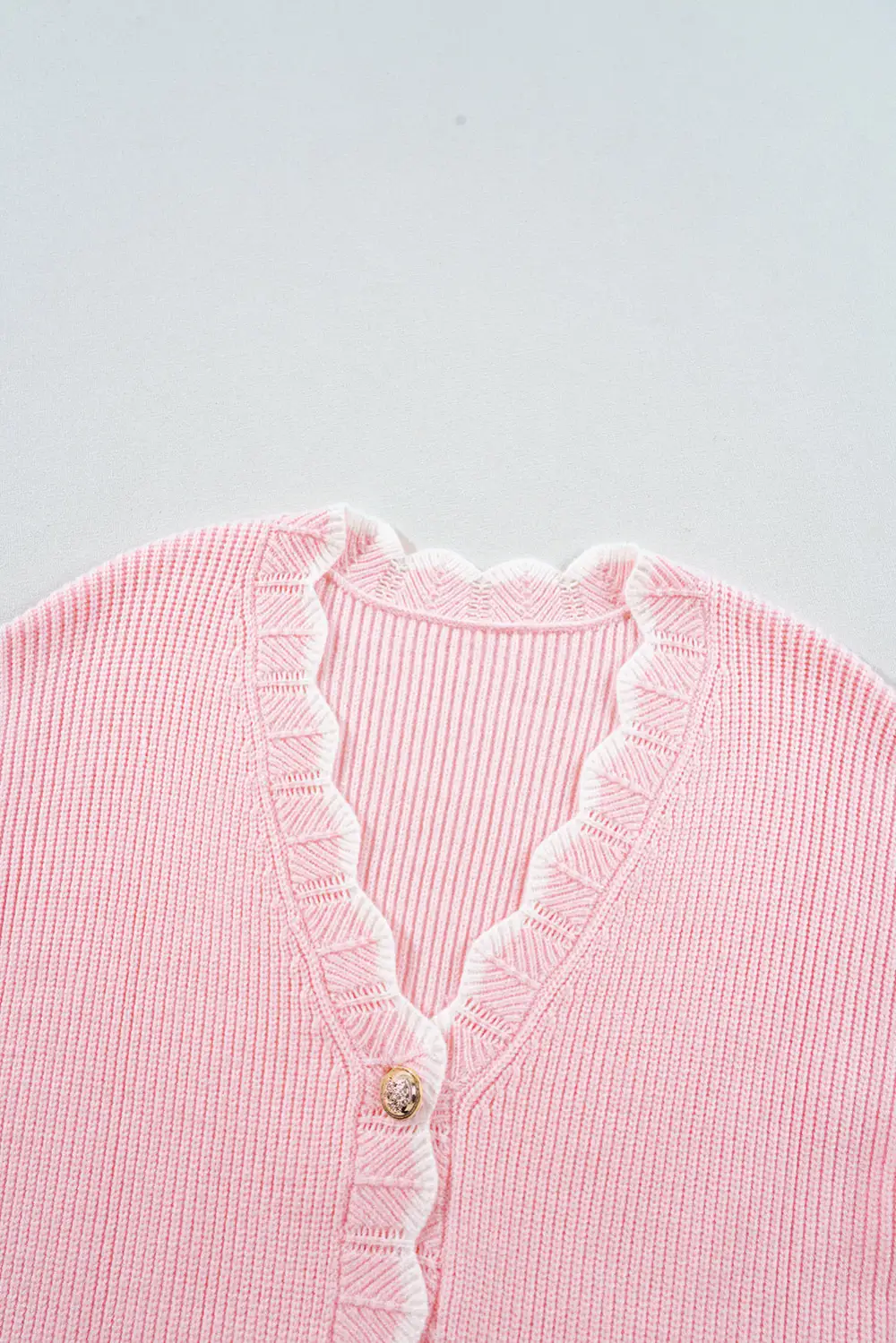 Pink Ribbed Knit Scalloped Edge Side Pockets Buttoned Cardigan