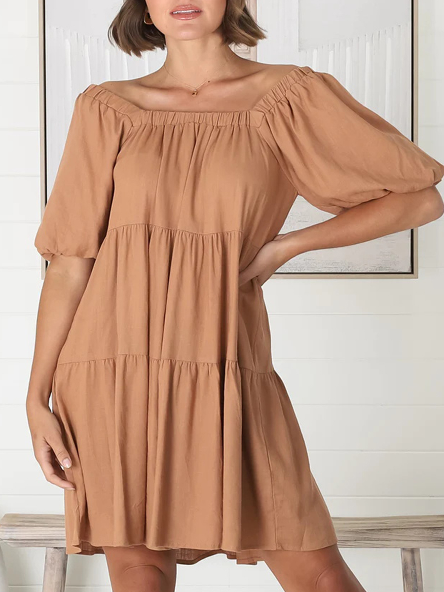 Square-neck puffy sleeves loose A-shape dress