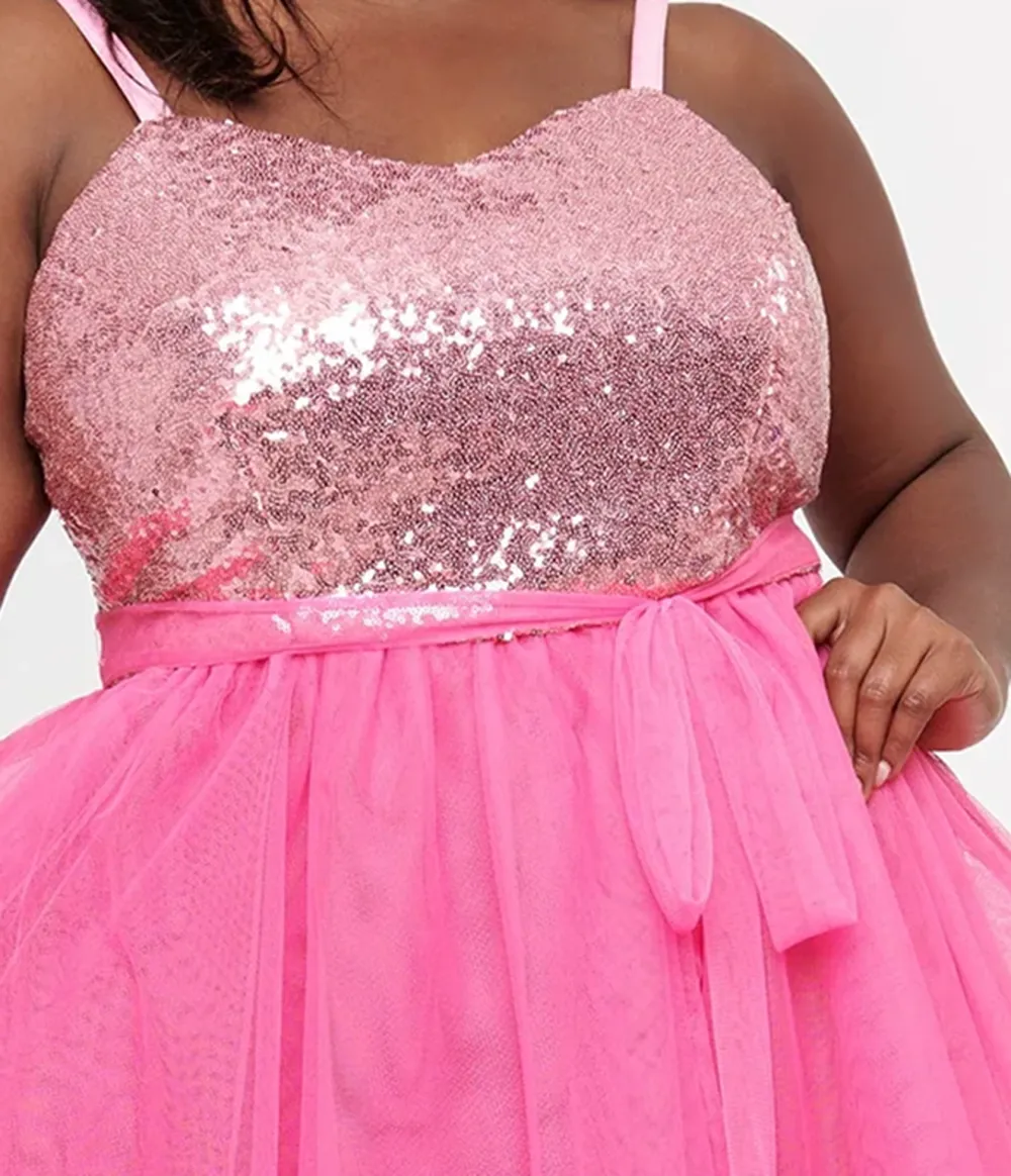 Barbie X Unique Vintage Plus Size 1980s Pink Sequin Day To Night Swing Dress