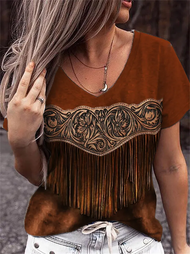 Western Floral Tassels Leather Art V Neck T Shirt