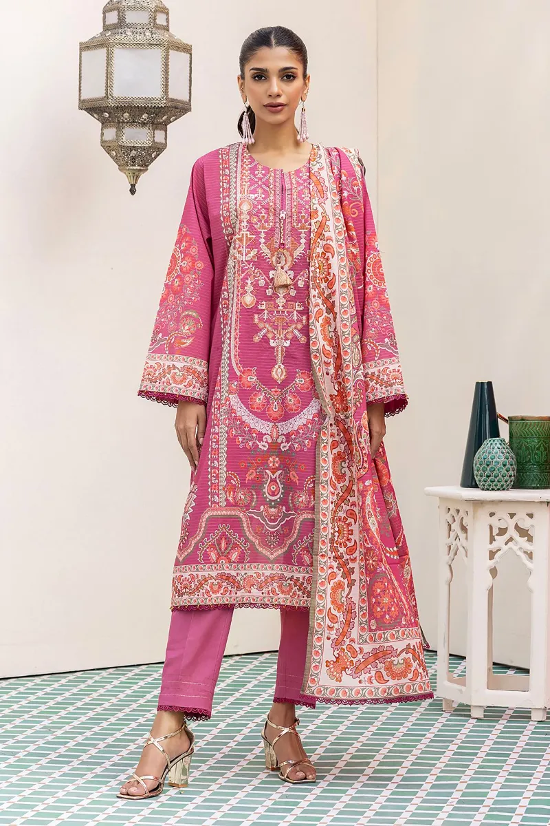 3 Piece Kurta Embroidered | Dupatta& Bottom & Tops | Color Pink purple