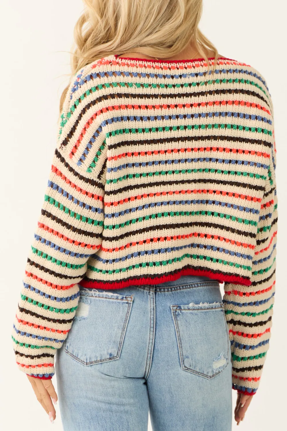 Cream Multicolor Striped Open Crochet Sweater