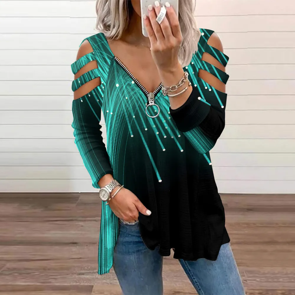 Western Abstract Print Off-The-Shoulder Long Sleeved Casual T-Shirt