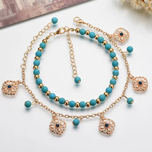 Cutout Floral Design Turquoise Alloy Anklet Set