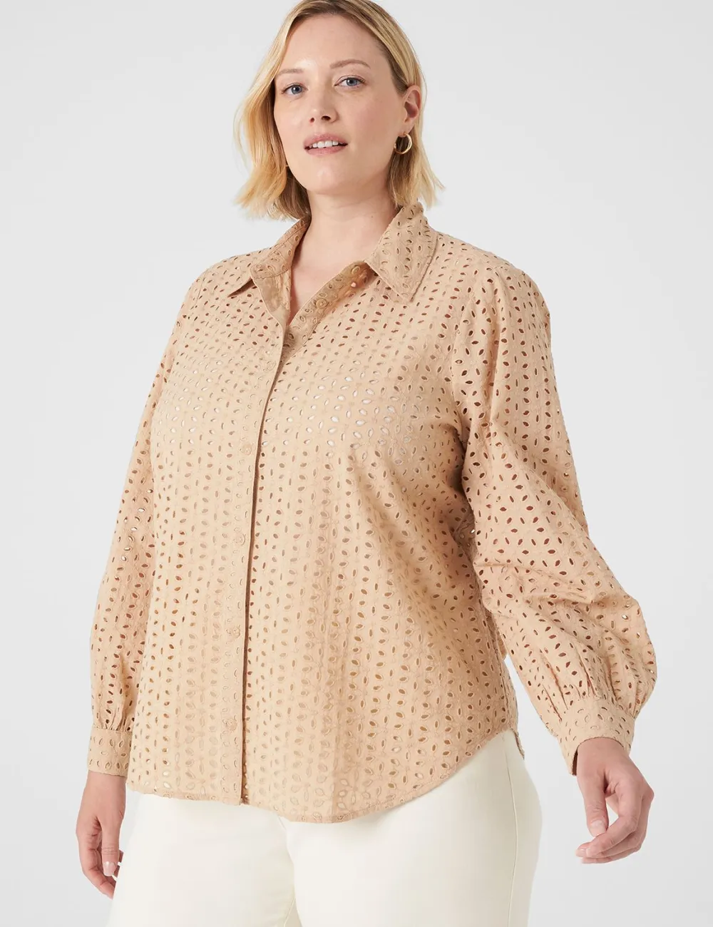 Long-Sleeve Button-Down Eyelet Top