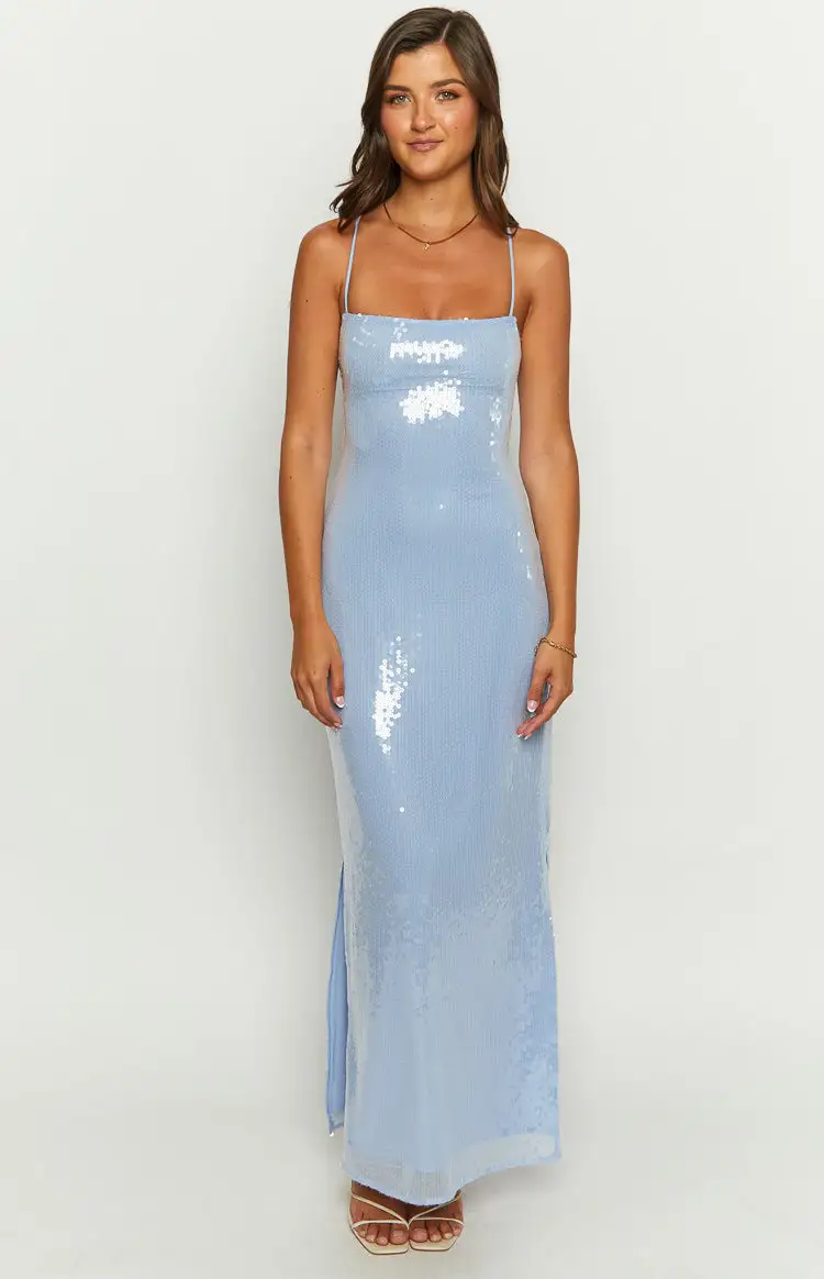 Manhattan Blue Sequin Slip Maxi Formal Dress