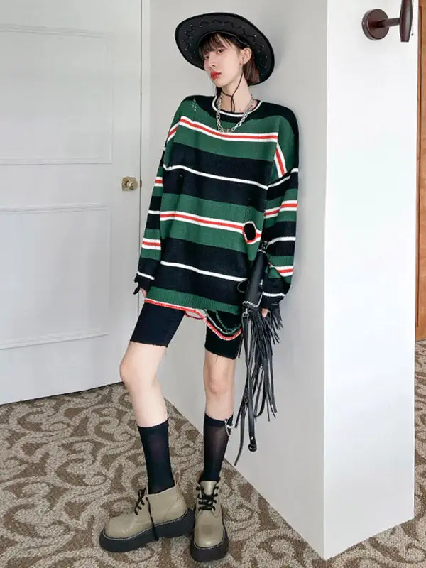 Original Stylish Loose Striped Hole Round-Neck Long Sleeves Knitted Sweater Tops