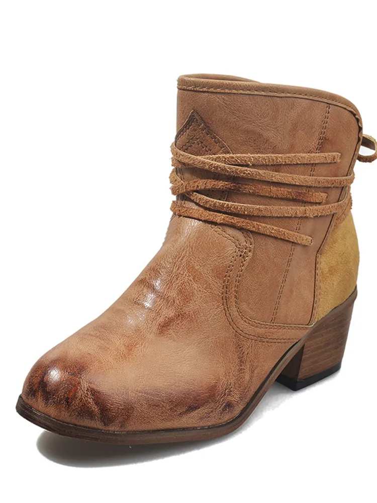 Laced Washed Leather Patchwork Ankle Boots