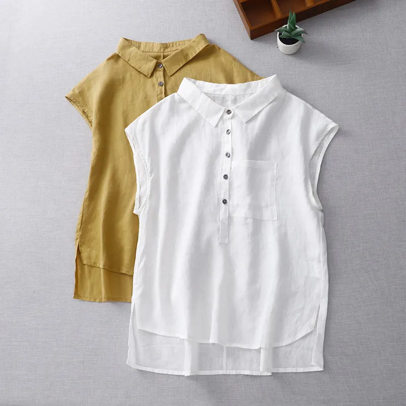 Mori Lapel Collar Drop Shoulder Sleeveless Cotton Linen Shirt