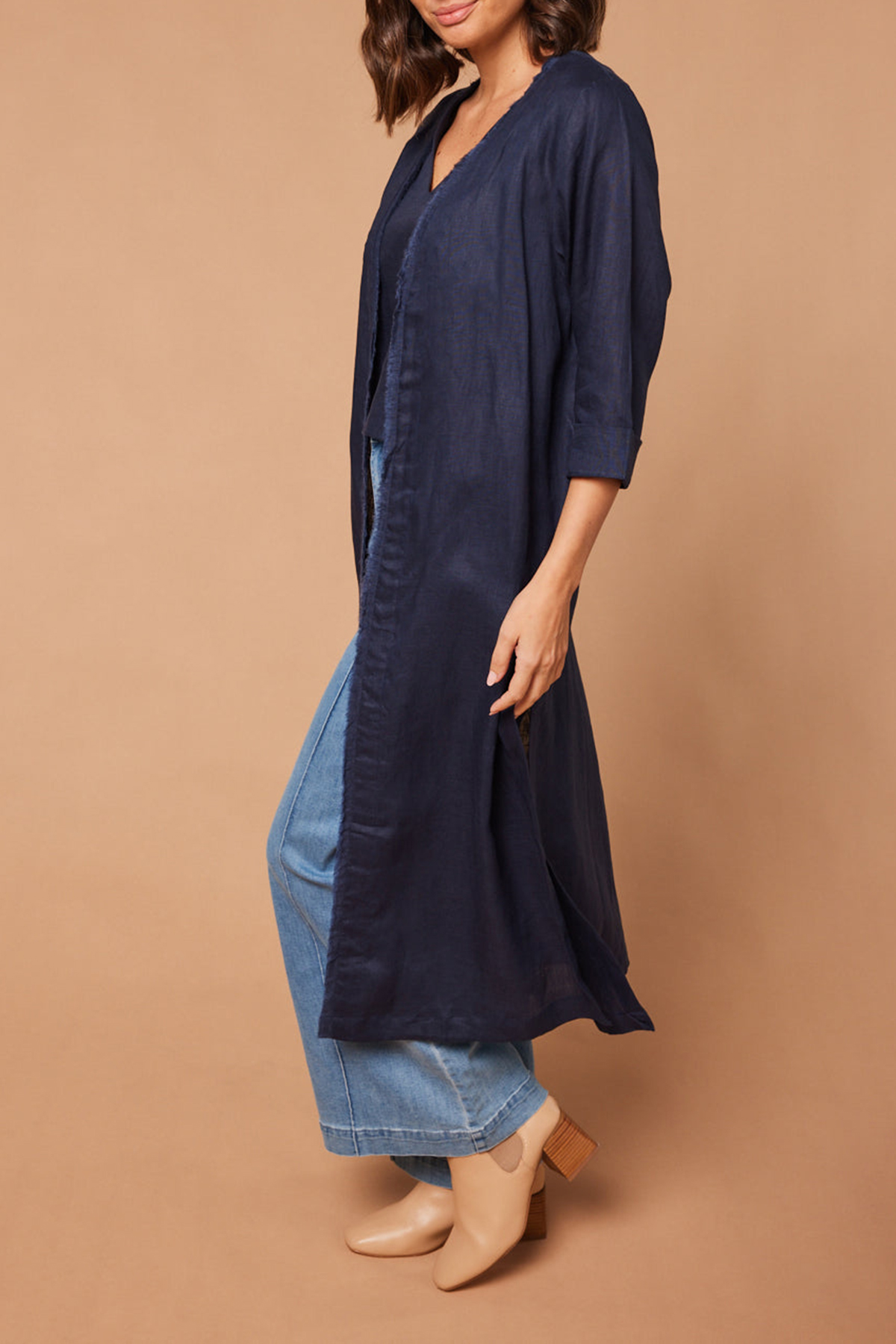 Long Line Fringed Linen Duster Jacket In Navy