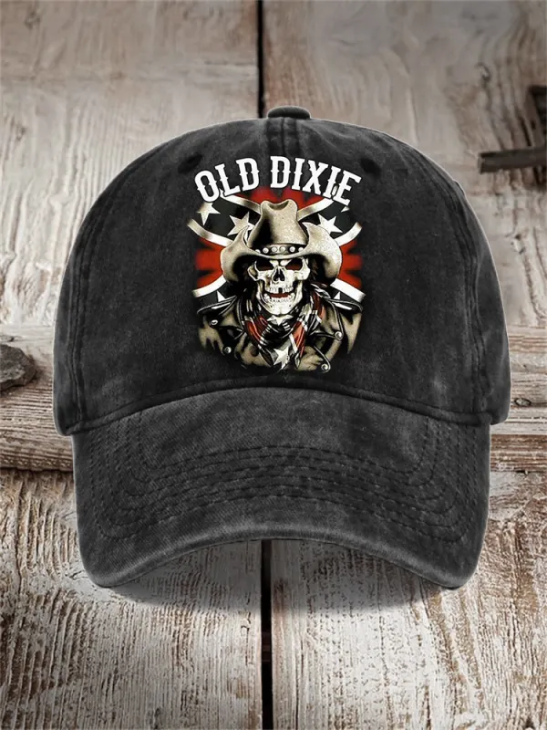 Men's Old Dixie Cowboy Skull Rebel Flag Washed Cap