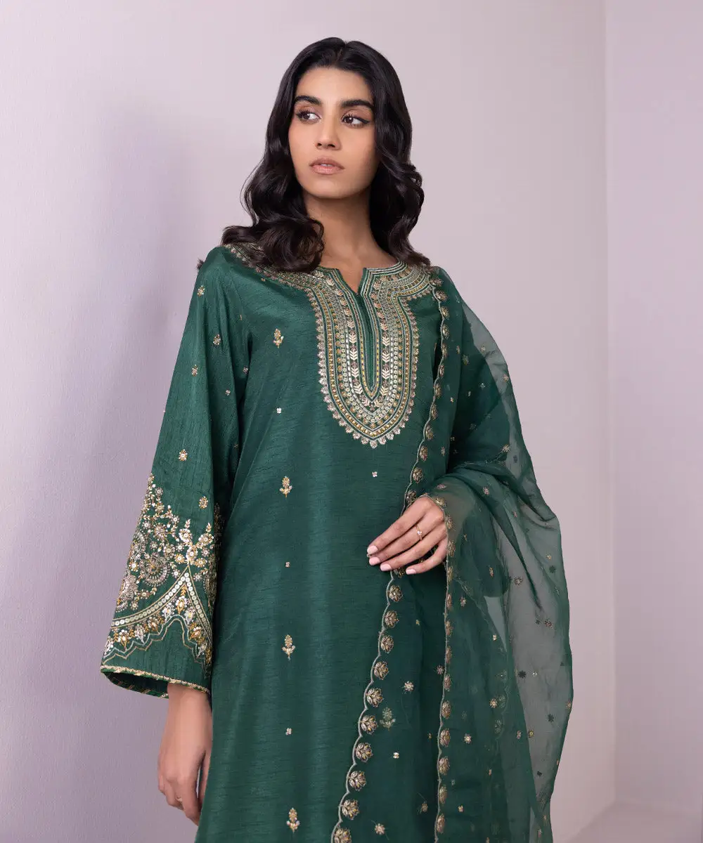 3 Piece - Embroidered Raw Silk Suit