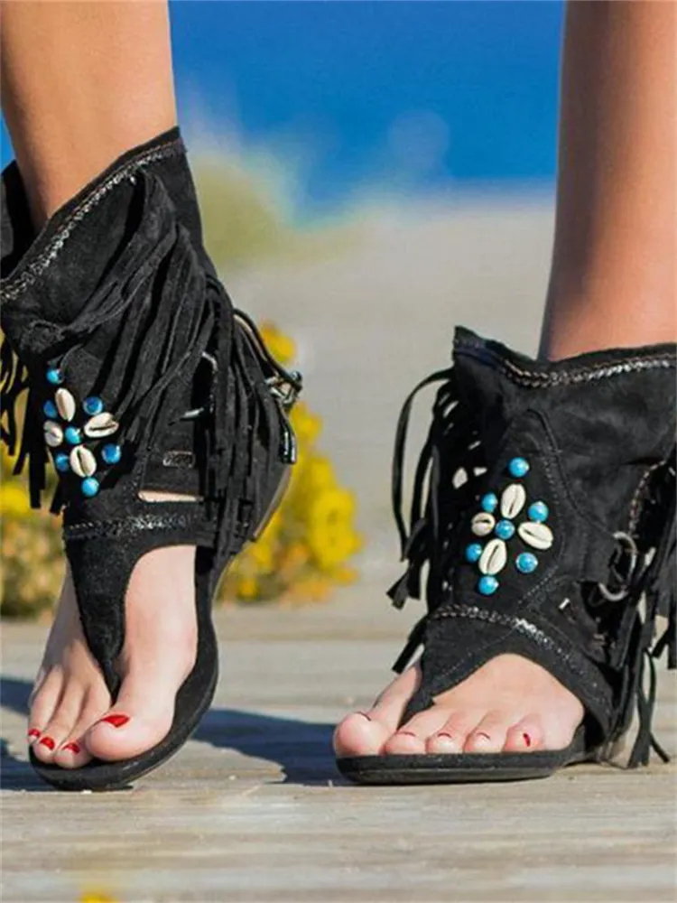 Turquoise & Shell Embellished Tassels Sandals