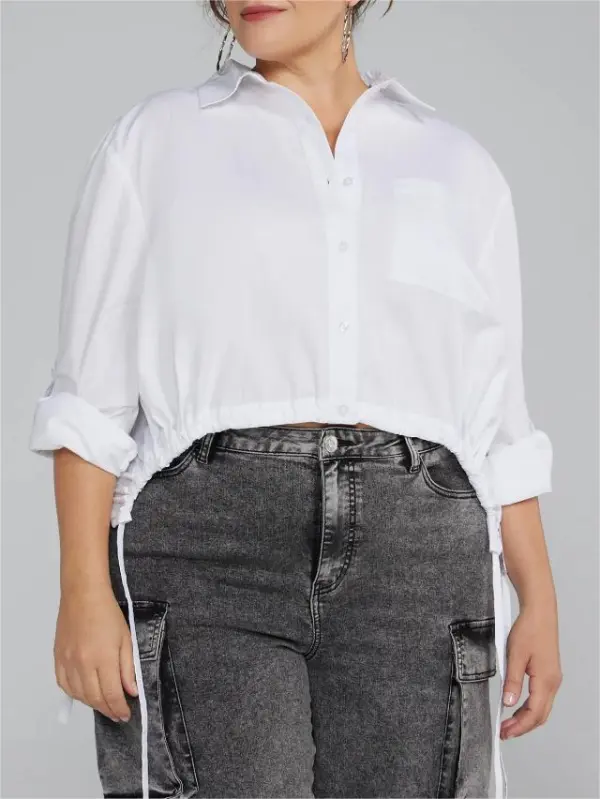 Button-Down Shirt With Curved Drawstring Hem