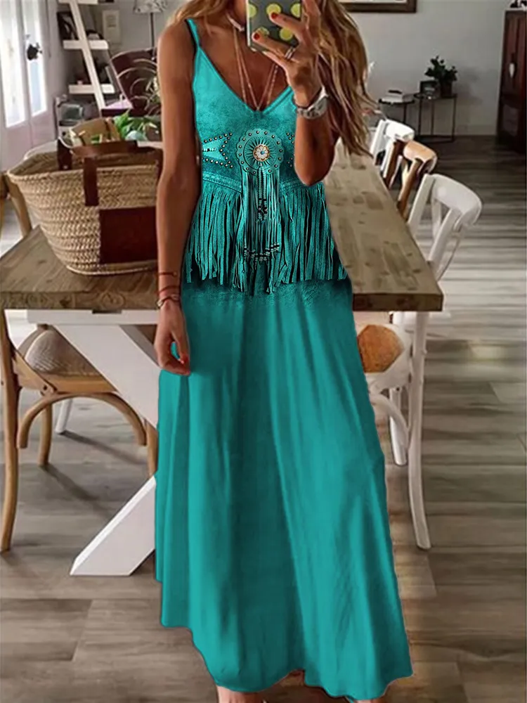 Western Turquoise Leather Art Cami Maxi Dress