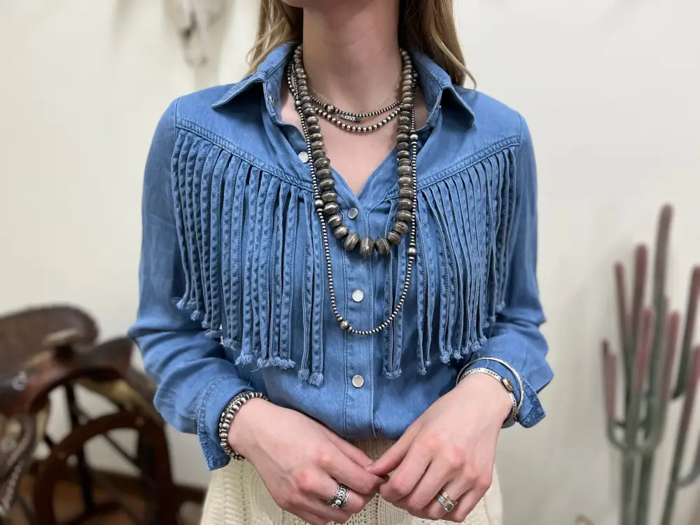 Yoke Fringe Denim Button-Up