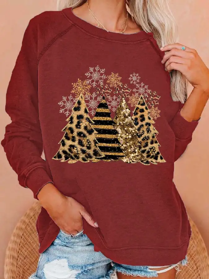 Women's Leopard Christmas Tree Print Casual Sweatshirt