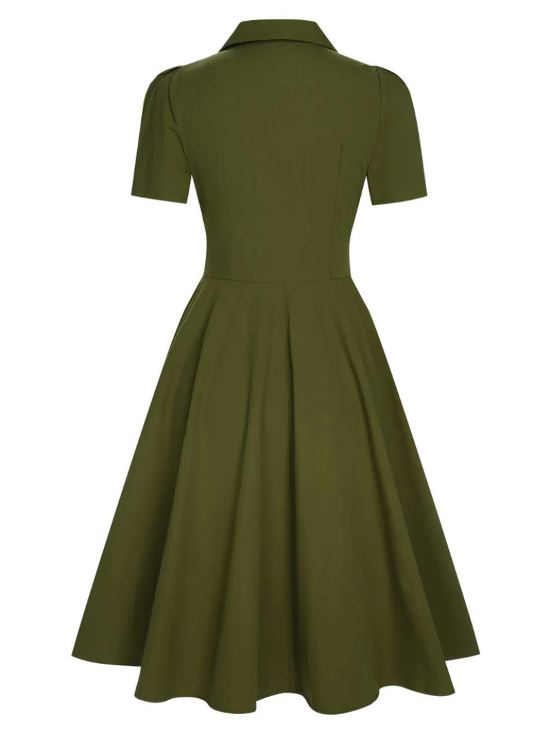 ARMY GREEN 1940S LAPEL BUTTONED SOLID DRESS