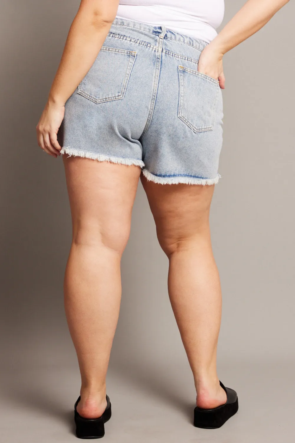 Denim Relaxed Shorts High Rise Distressed Hem