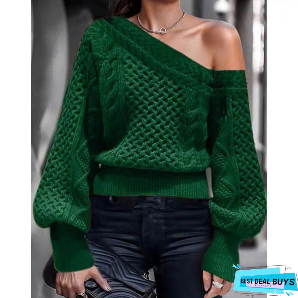 Pullover Inclined Shoulder New O-Neck One-Shoulder Knitted Sweater