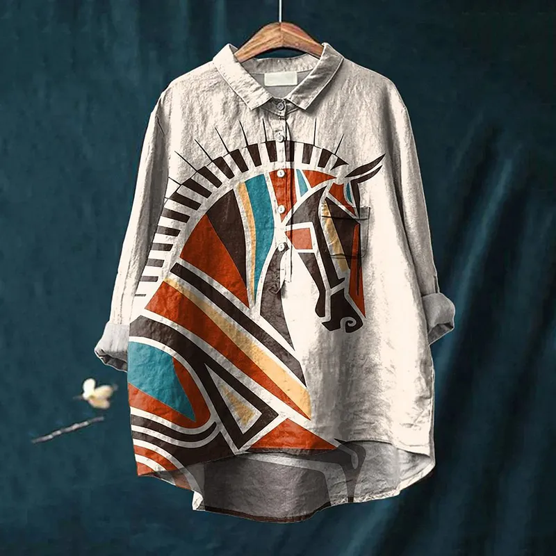 Horse Art Print Lapel Long Sleeve Loose Shirt