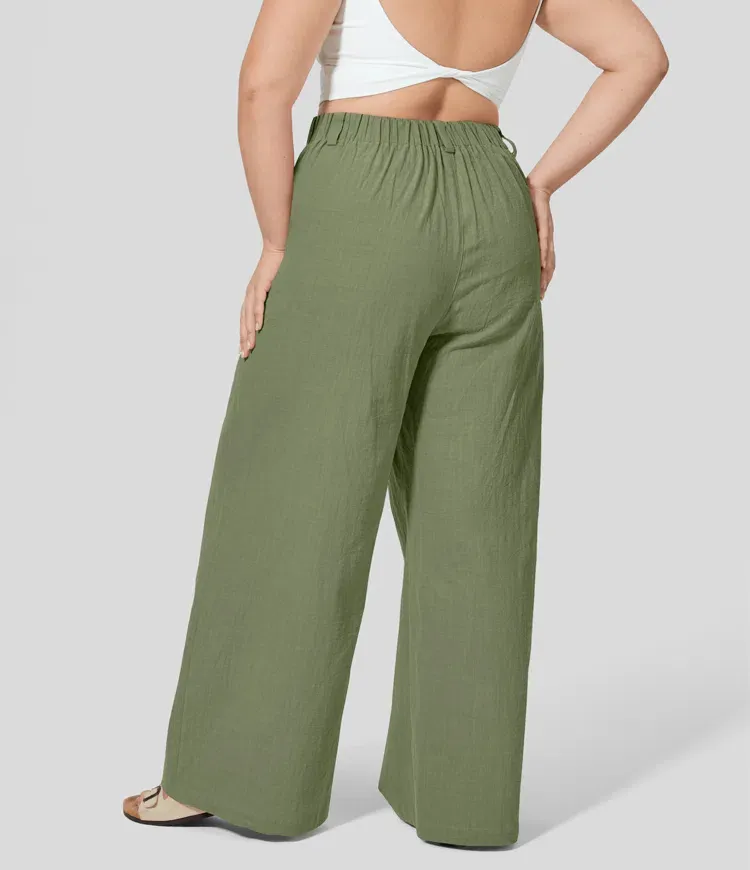 High Waisted Plicated Side Pocket Wide Leg Flowy Casual Plus Size Pants