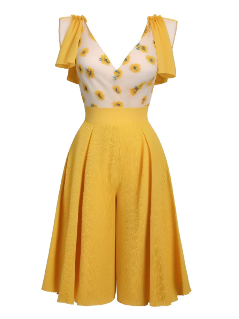 YELLOW 1940S V-NECK SUNFLOWER PATCHWORK JUMPSUIT