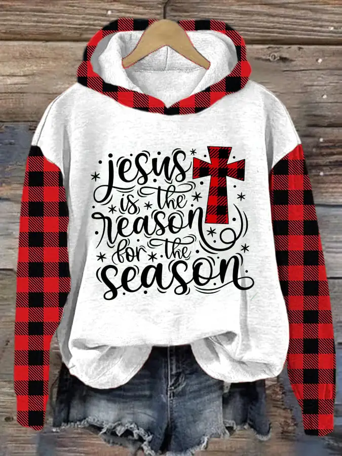 Women's Jesus Is The Reason For The Season Check Cross Print Hoodie