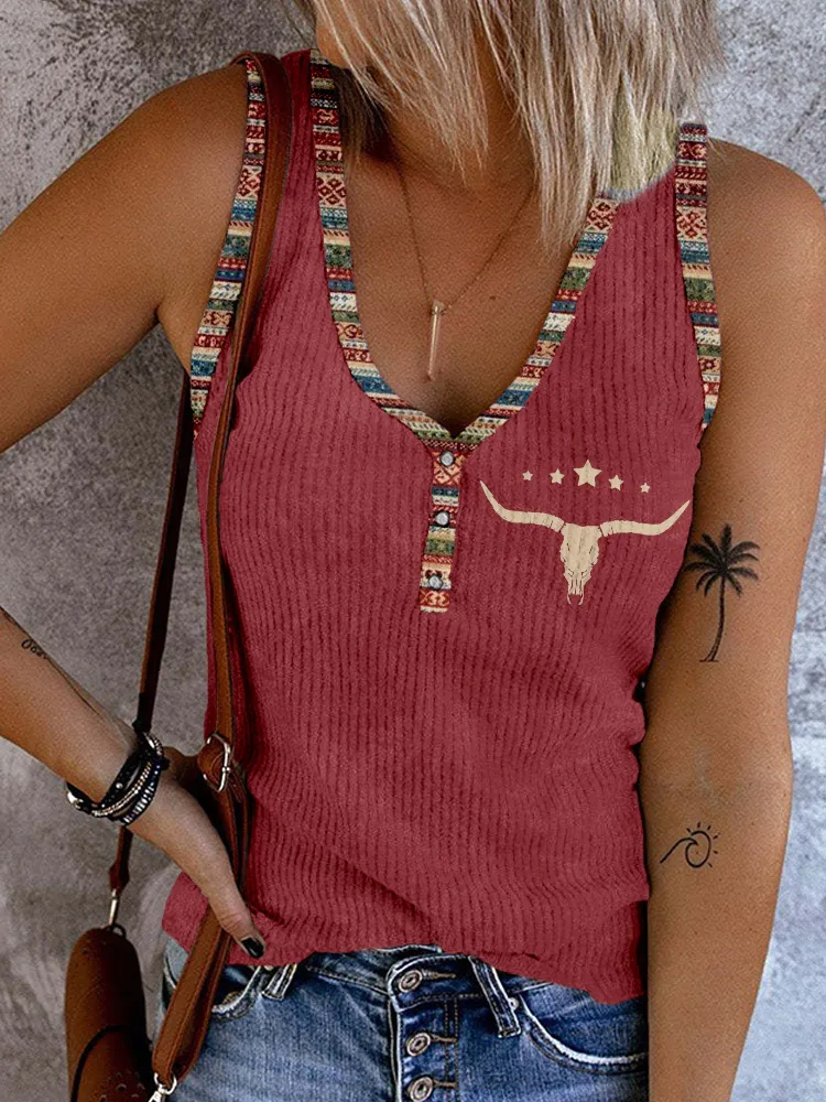 Vintage Western Pattern Button Up Tank Top