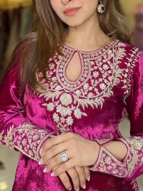 Rose red embroidered velvet suit