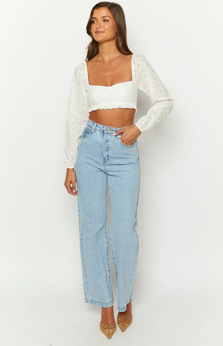 Zaria White Long Sleeve Crop Top