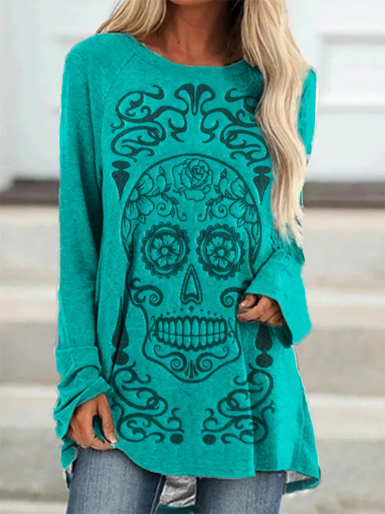 Sugar Skull Leather Art A Line T Shirt