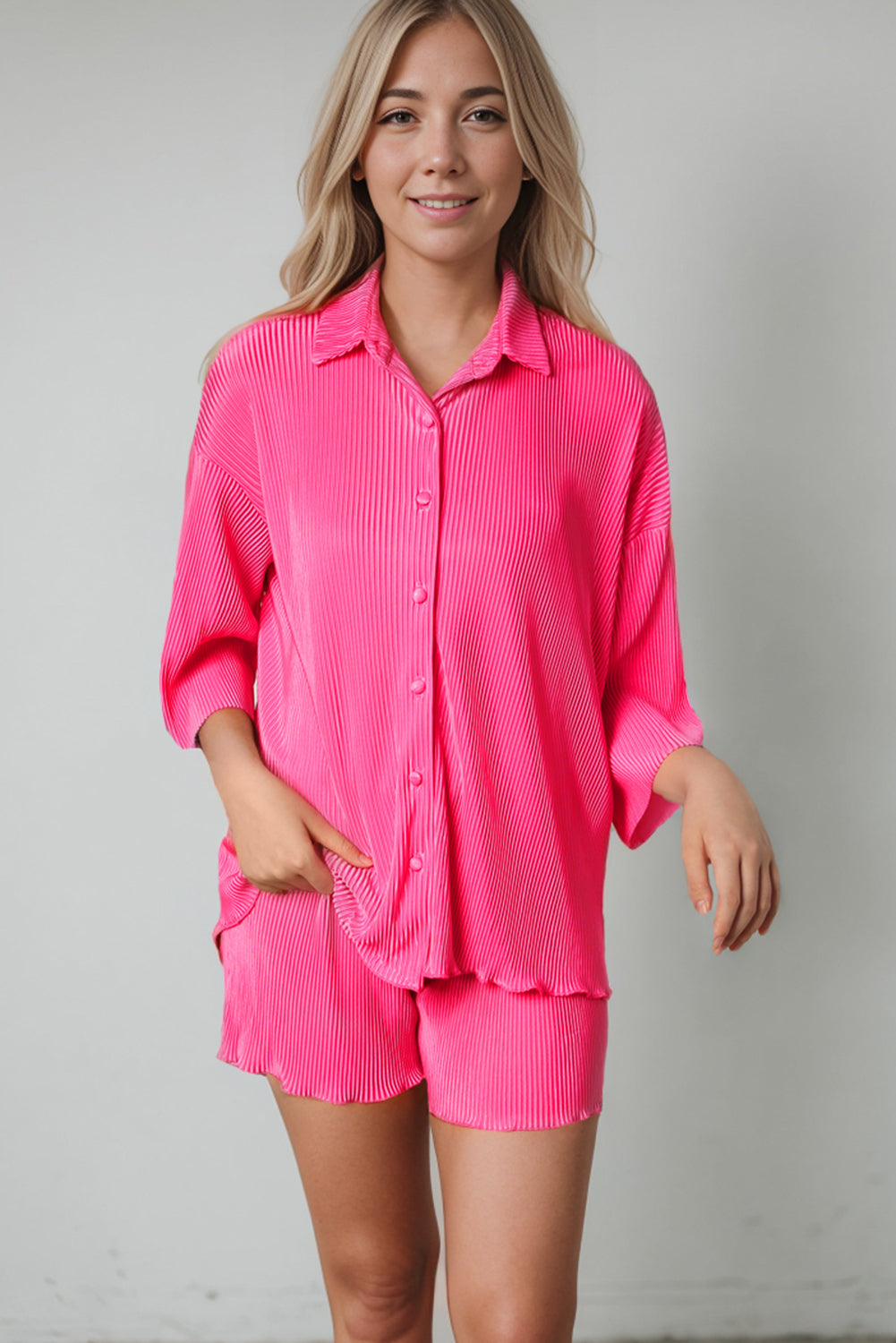 3/4 Sleeves Pleated Shirt and High Waist Shorts Lounge Set