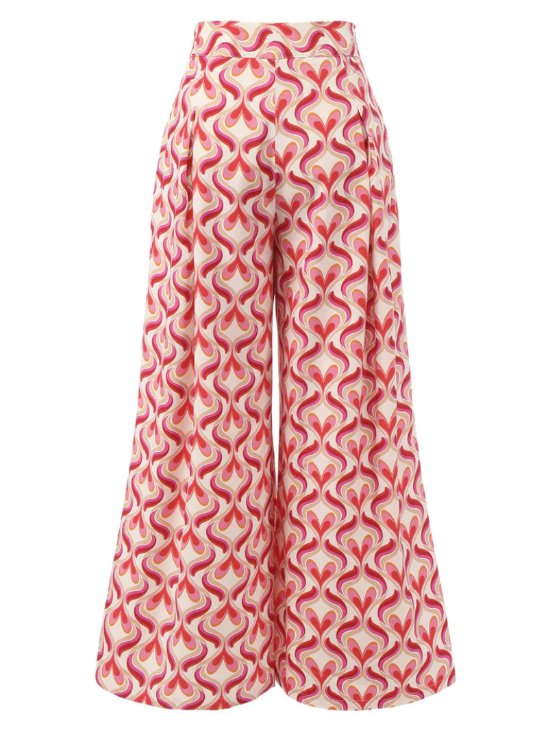 RED 1960S HEART OP ART WIDE-LEG PANTS